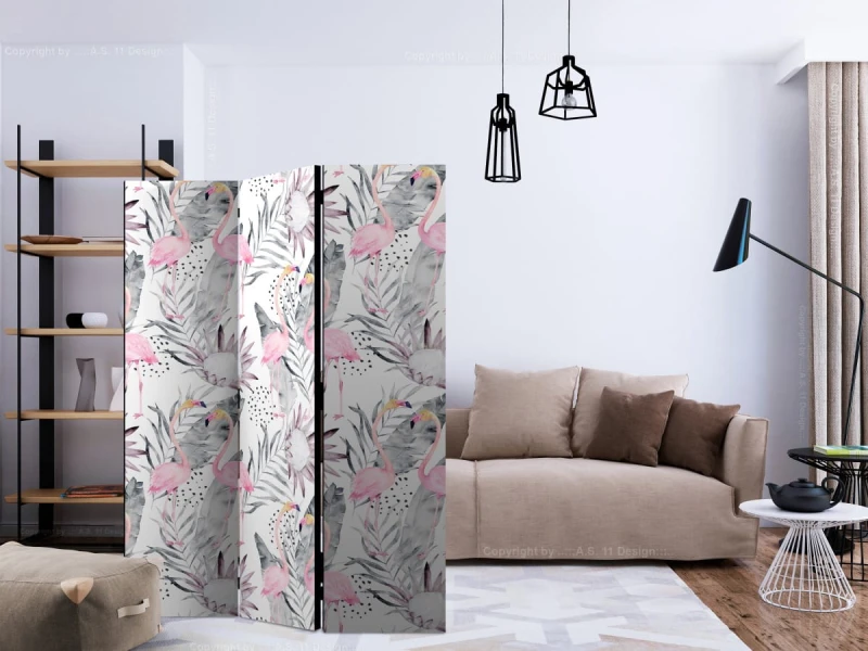 Parawan 3-częściowy - Flamingi i gałązki [Room Dividers]