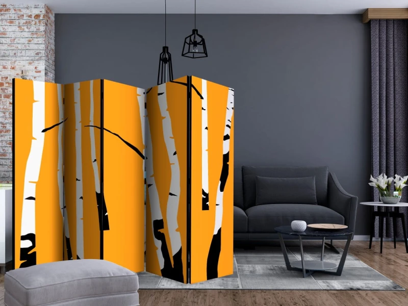 Parawan 5-częściowy - Birches on the orange background II [Room Dividers]