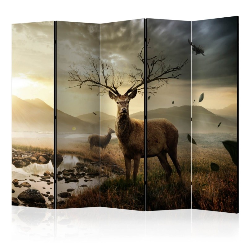 Parawan 5-częściowy - Jelenie nad górskim potokiem II [Room Dividers]