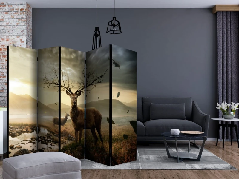Parawan 5-częściowy - Jelenie nad górskim potokiem II [Room Dividers]