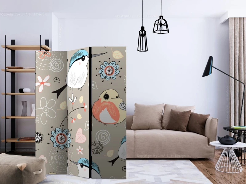 Parawan 3-częściowy - Wzór z ptaszkami [Room Dividers]