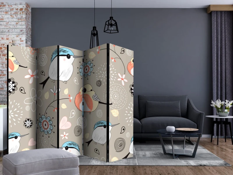 Parawan 5-częściowy - Wzór z ptaszkami II [Room Dividers]