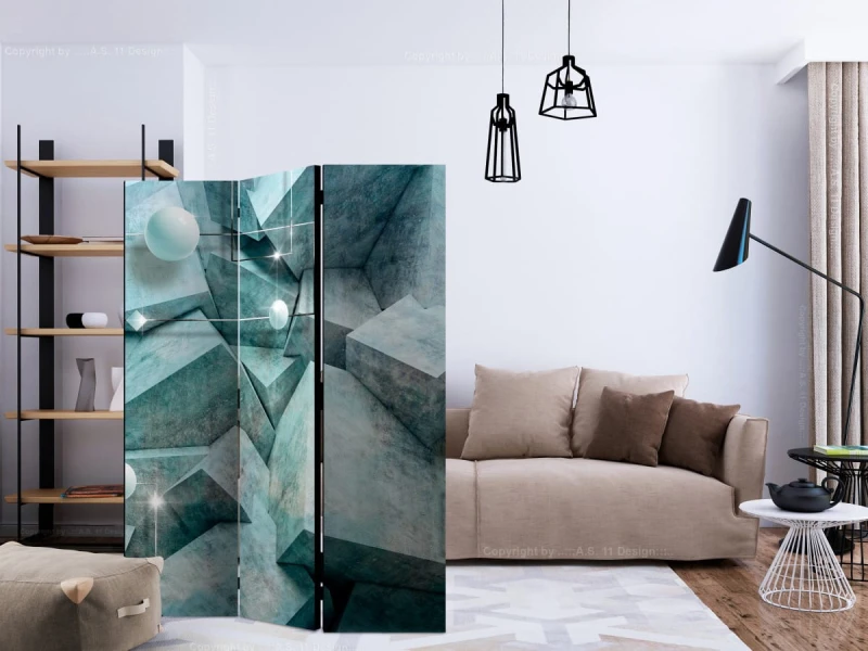 Parawan 3-częściowy - Betonowe sześciany (zielony) [Room Dividers]