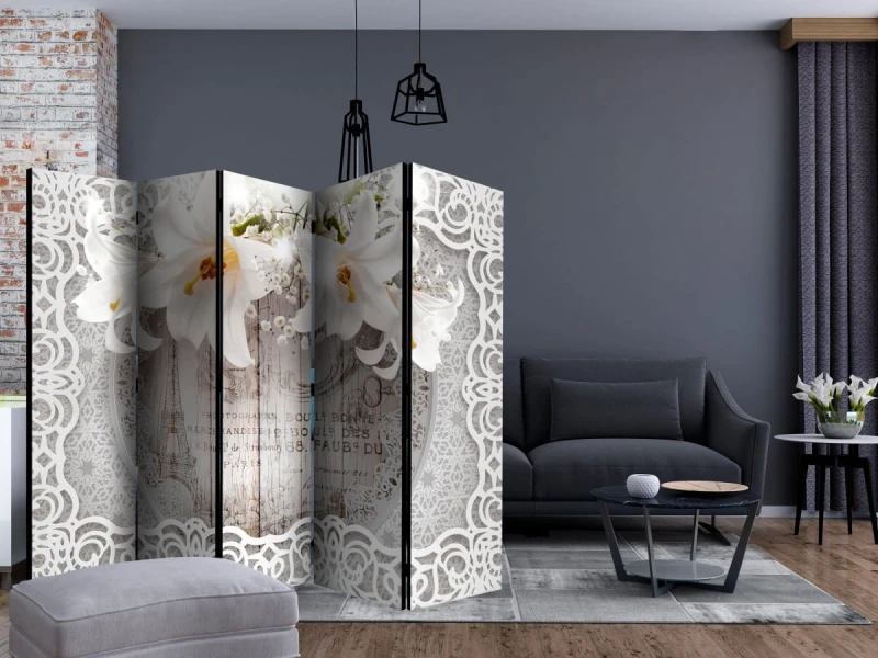 Parawan 5-częściowy - Lilie i pikowane tło II [Room Dividers]