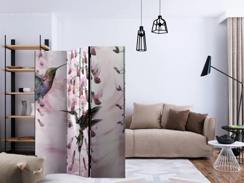 Parawan 3-częściowy - Latające kolibry (różowy) [Room Dividers]