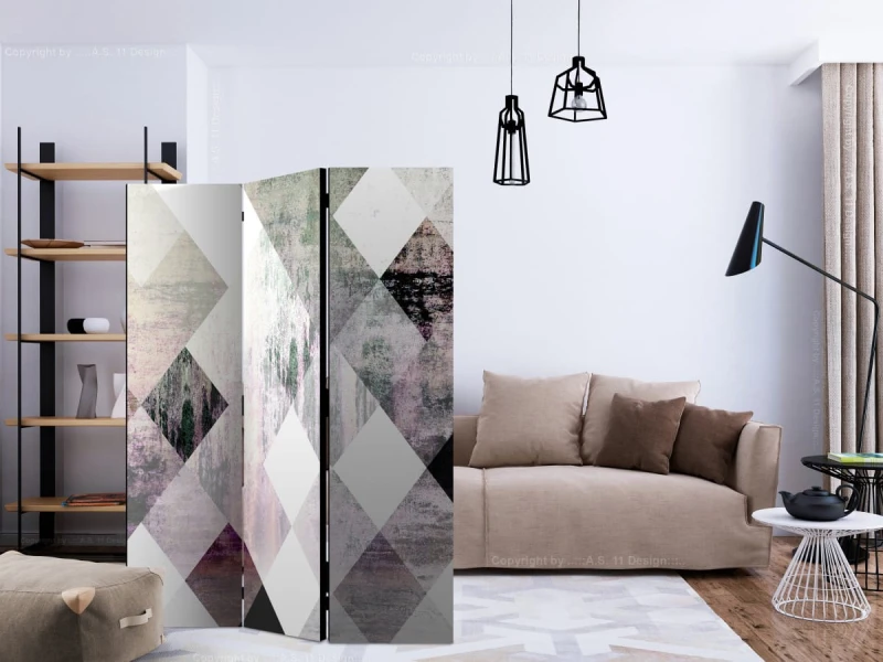 Parawan 3-częściowy - Rombowa szachownica (różowy) [Room Dividers]