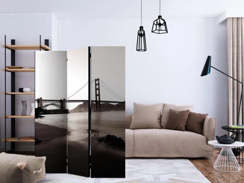 Parawan 3-częściowy - San Francisco: Most Golden Gate w czerni i bieli [Room Dividers]