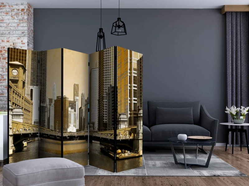 Parawan 5-częściowy - Most w Chicago (efekt vintage) II [Room Dividers]