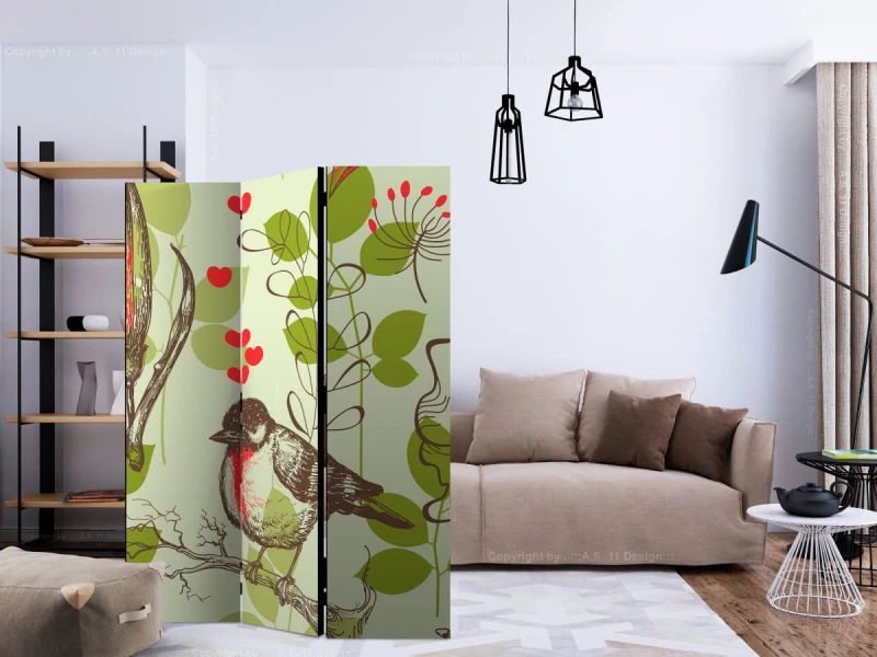 Parawan 3-częściowy - Ptak i lilie - motyw vintage [Room Dividers]
