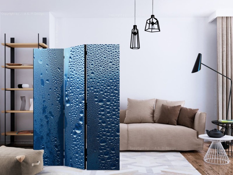 Parawan 3-częściowy - Krople wody na niebieskiej szybie [Room Dividers]