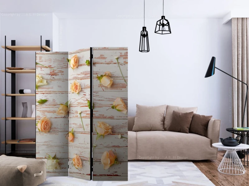 Parawan 3-częściowy - Drewno i róże [Room Dividers]