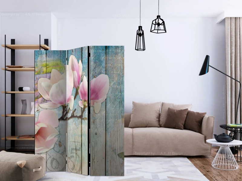 Parawan 3-częściowy - Różowe kwiaty na drewnie [Room Dividers]