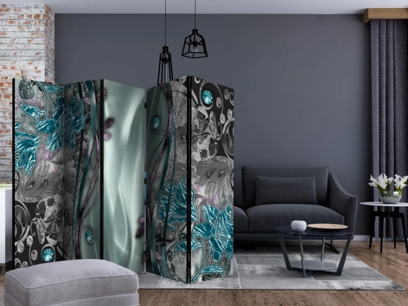 Parawan 5-częściowy - Kwiecista kurtyna (turkusowy) II [Room Dividers]