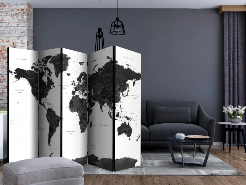 Parawan 5-częściowy - Czarno-biała mapa II [Room Dividers]