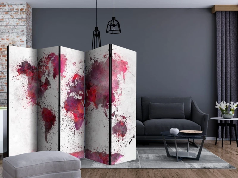 Parawan 5-częściowy - Mapa świata: czerwone akwarele II [Room Dividers]