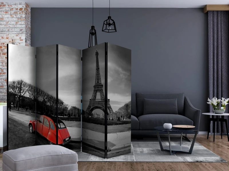 Parawan 5-częściowy - Wieża Eiffla i czerwony samochód II [Room Dividers]
