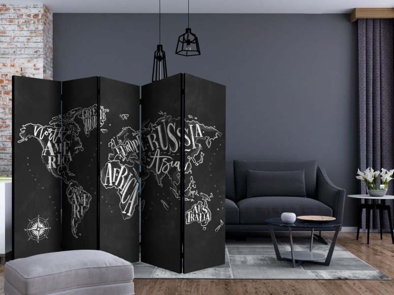 Parawan 5-częściowy - Retro kontynenty (czarny) II [Room Dividers]