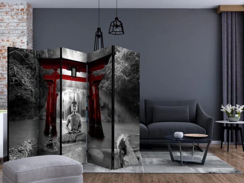 Parawan 5-częściowy - Uśmiech Buddy (czerwony) II [Room Dividers]