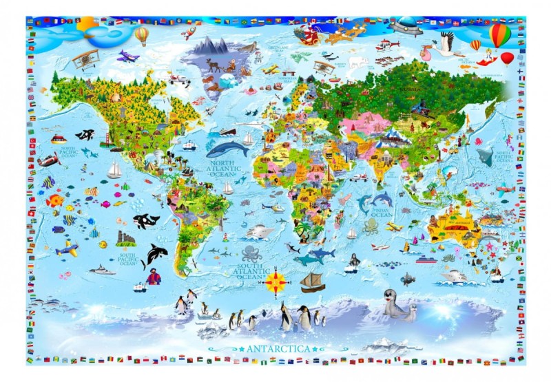 Fototapeta samoprzylepna - Mapa świata dla dzieci z kolorowymi rysunkami