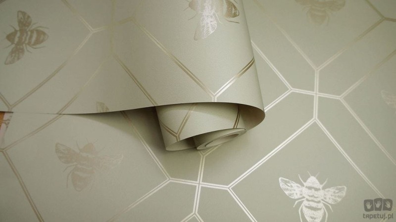 Oliwkowa papierowa tapeta z złotymi geometrycznymi akcentami