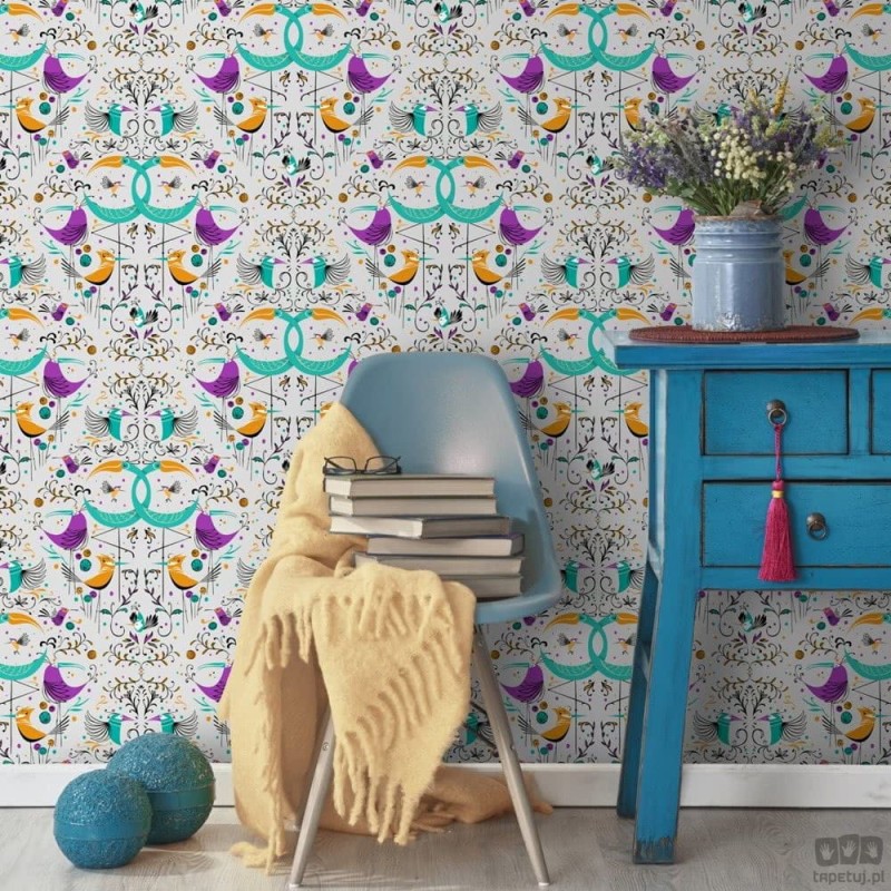 Szara tapeta z ilustracyjnym motywem ptaków