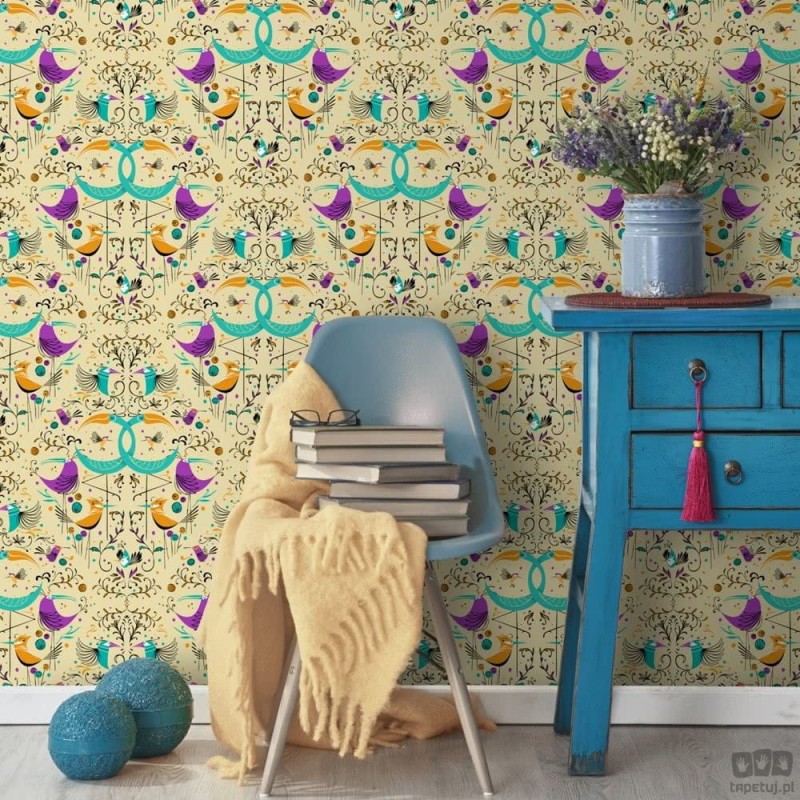 Żółta tapeta z ilustracyjnym motywem ptaków