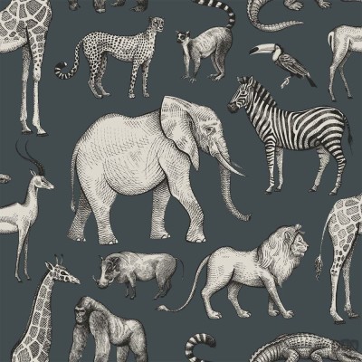 Granatowa tapeta dziecięca w zwierzęta safari