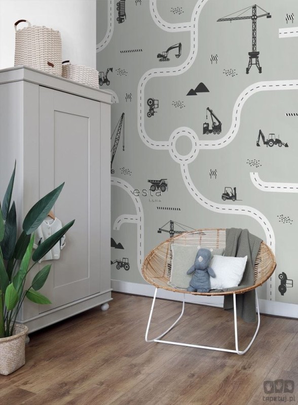 Fototapeta szaro-biała z motywem ulicy, koparek i dźwigów