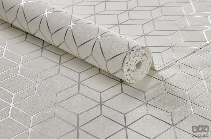 Biała tapeta z geometrycznym srebrnym linearnym wzorem