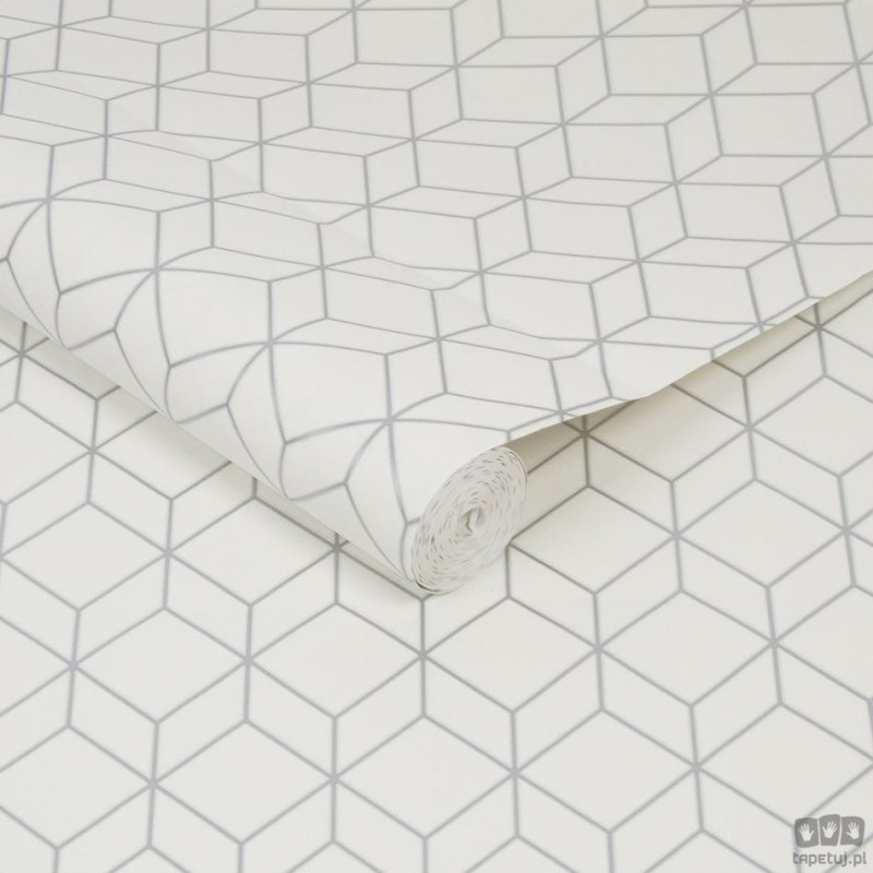 Biała tapeta z geometrycznym srebrnym linearnym wzorem