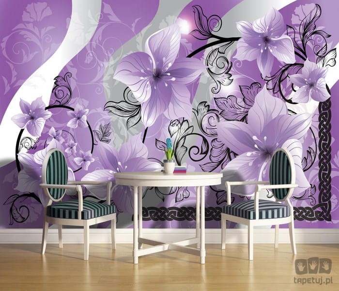 Fototapeta fioletowe kwiaty i czarne ornamenty
