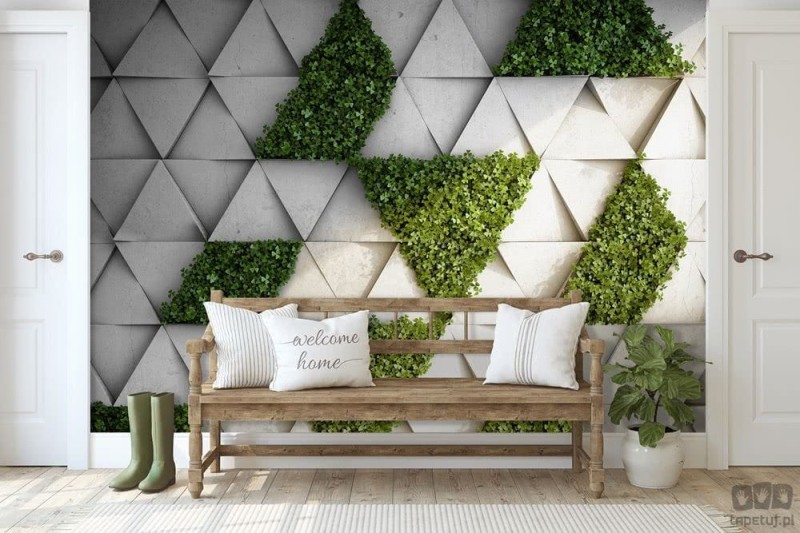 Fototapeta geometryczna w betonowo-liściaste trójkąty