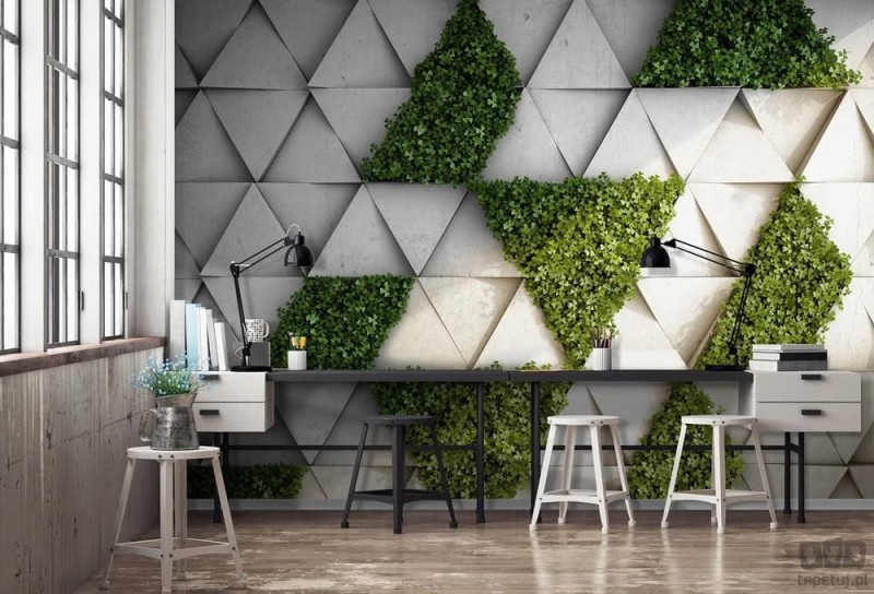 Fototapeta geometryczna w betonowo-liściaste trójkąty