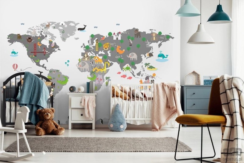Fototapeta Szara mapa świata ze zwierzątkami