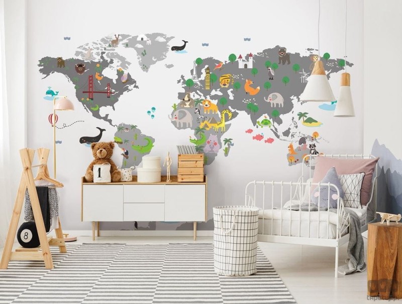 Fototapeta Szara mapa świata ze zwierzątkami