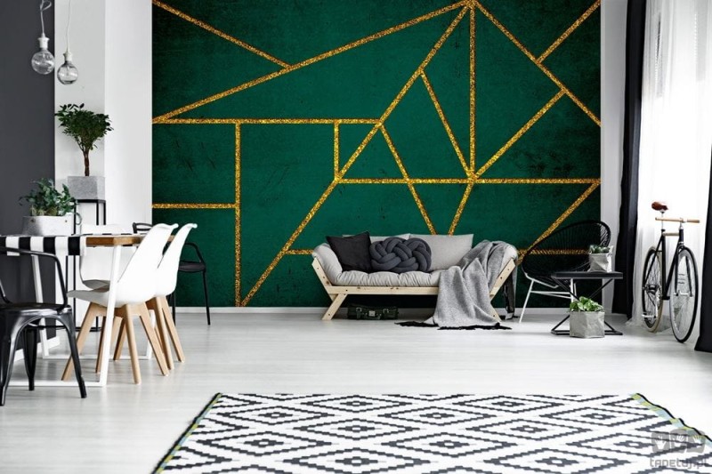Fototapeta Złoty wzór geometryczny na zielonym tle