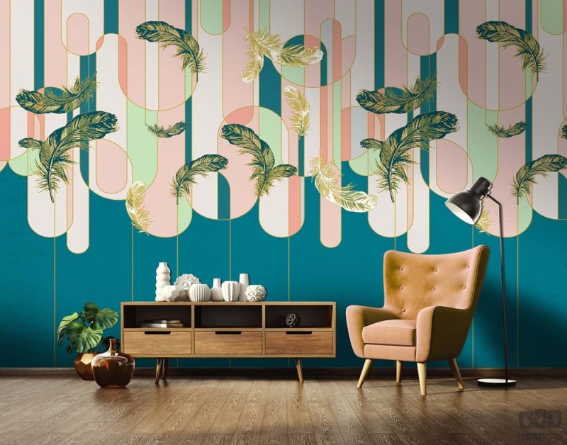 Fototapeta Geometryczne łuki w stylu art deco i złote pióra