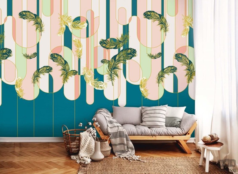 Fototapeta Geometryczne łuki w stylu art deco i złote pióra