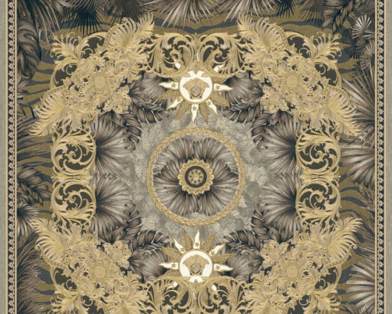 Beżowo-złota tapeta z motywem kwiatów i ornamentów Versace