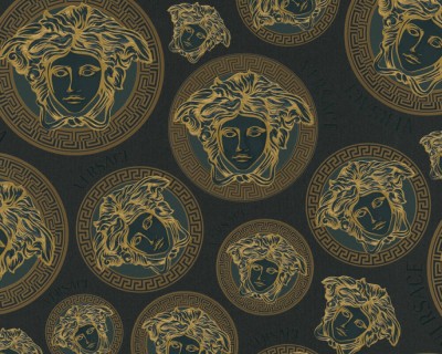 Czarno-złota tapeta głowy Meduzy logo Versace