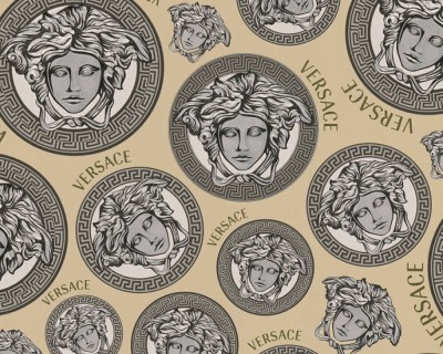 Beżowo-srebrna tapeta głowy Meduzy logo Versace