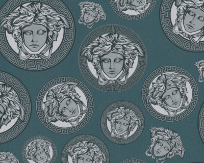 Turkusowo-srebrna tapeta głowy Meduzy logo Versace