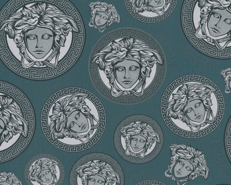 Turkusowo-srebrna tapeta głowy Meduzy logo Versace