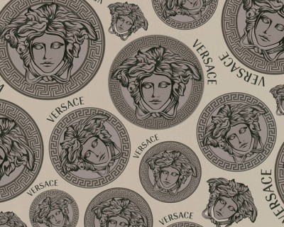 Szaro-srebrna tapeta głowy Meduzy logo Versace