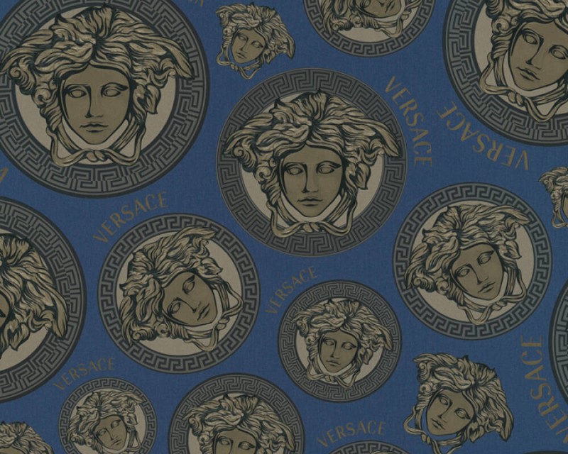 Niebiesko-srebrna tapeta głowy Meduzy logo Versace