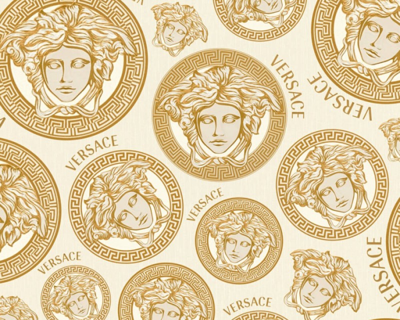 Złoto-ecru tapeta głowy Meduzy logo Versace