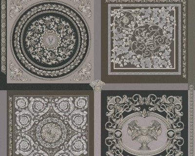 Szara tapeta z ozdobnym motywem Versace