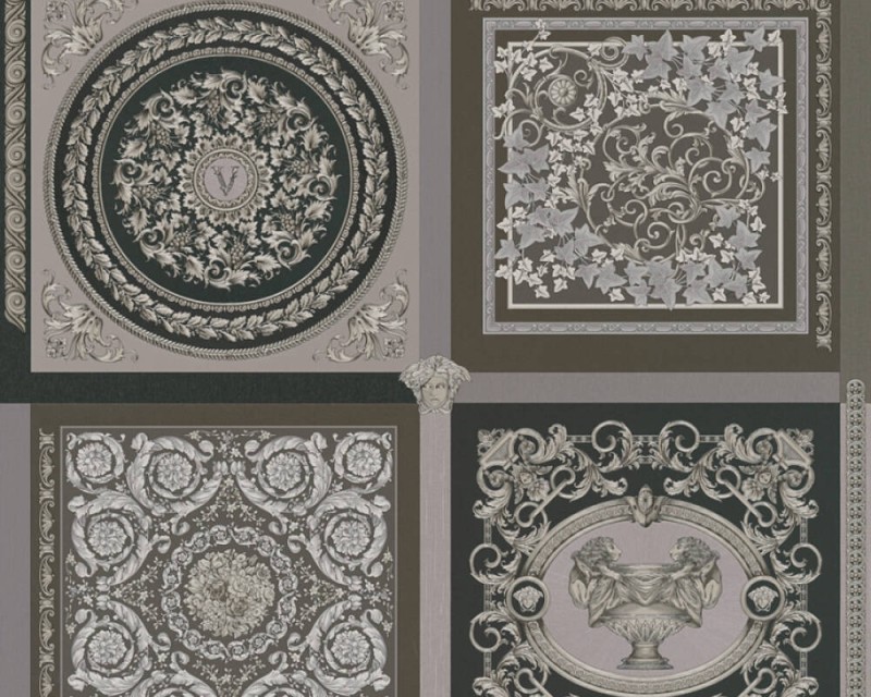 Szara tapeta z ozdobnym motywem Versace