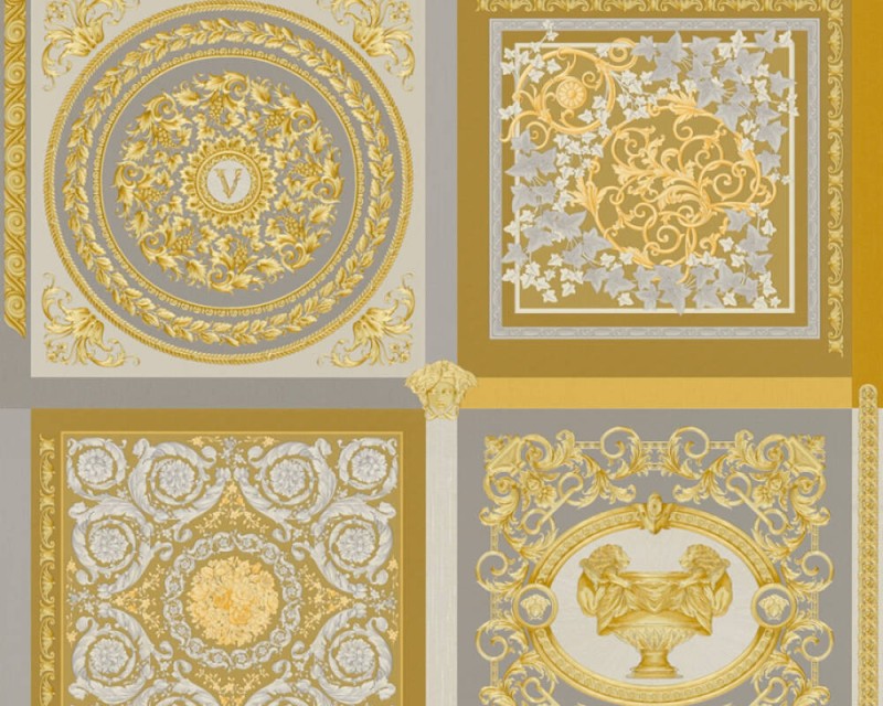 Szaro-złota tapeta z ozdobnym motywem Versace