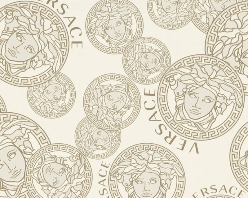 Złoto-ecru tapeta głowy Meduzy logo Versace